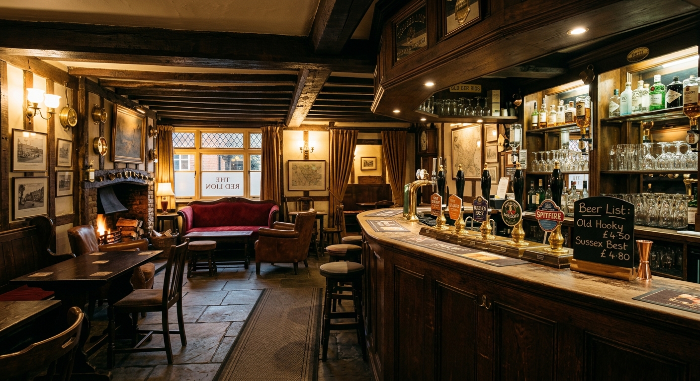 Traditional British pub interior with wooden bar and hand-pulled beer taps