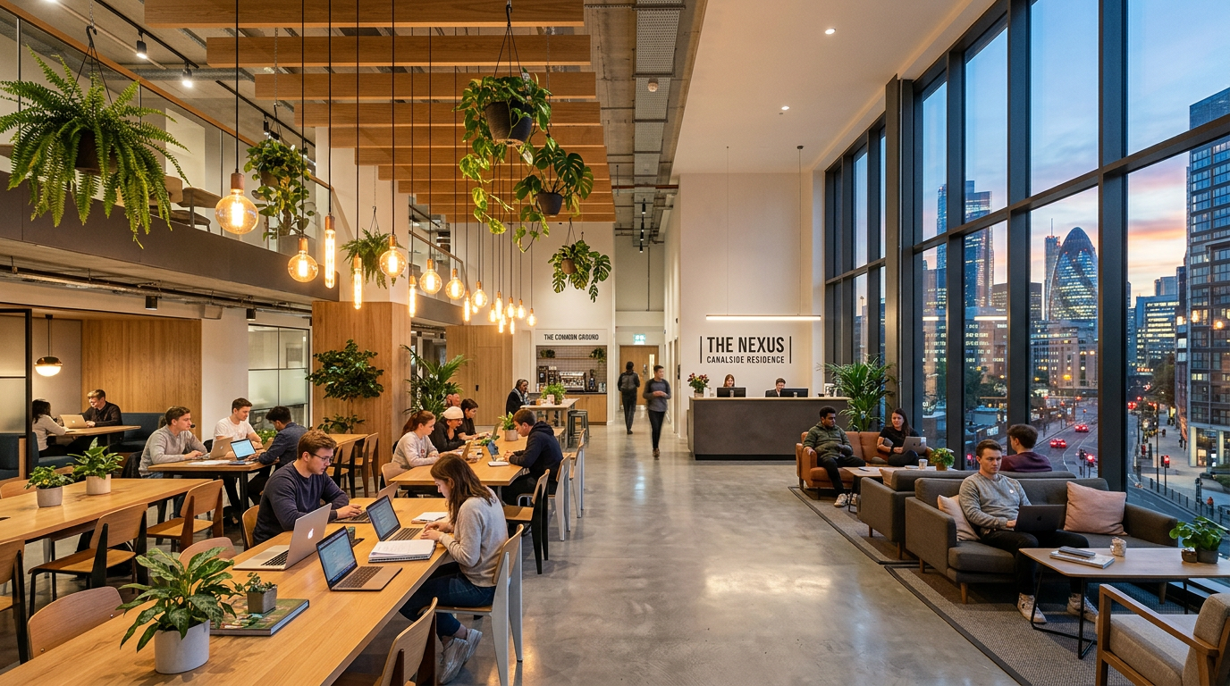 Modern purpose-built student accommodation lobby in London