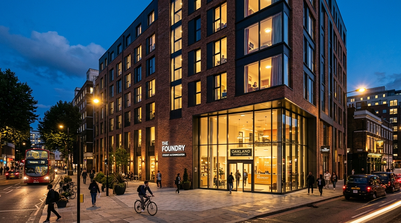 Modern London purpose-built student accommodation building at dusk