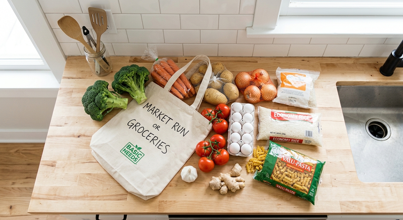 Affordable fresh groceries laid out on a student kitchen counter