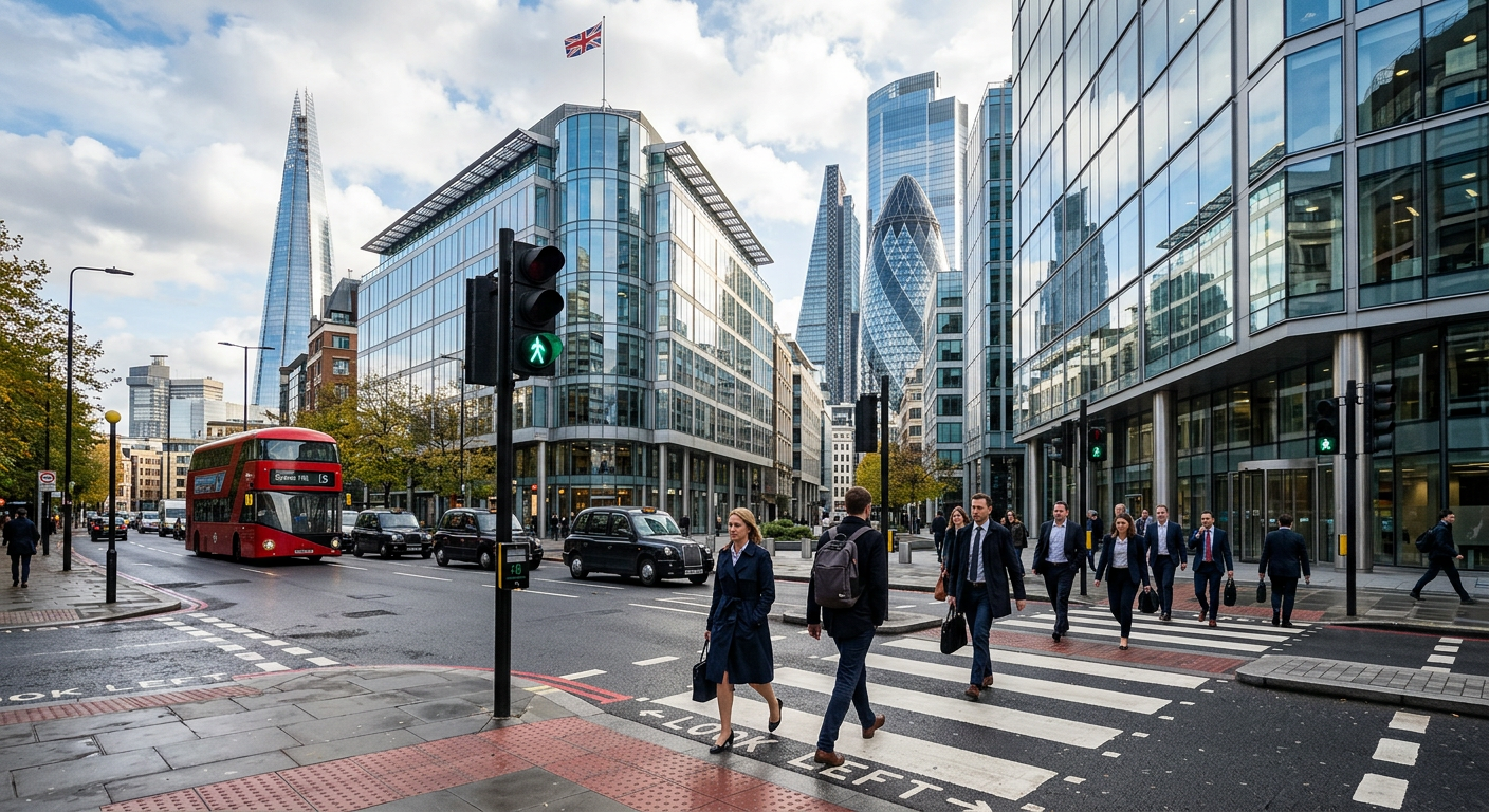 UK business district with glass office buildings