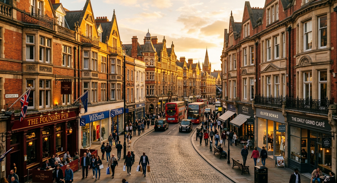 Lively UK city street with Victorian architecture