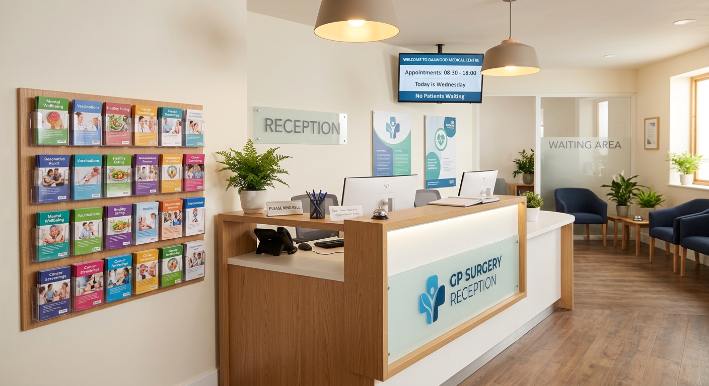 UK GP surgery reception interior where international students register
