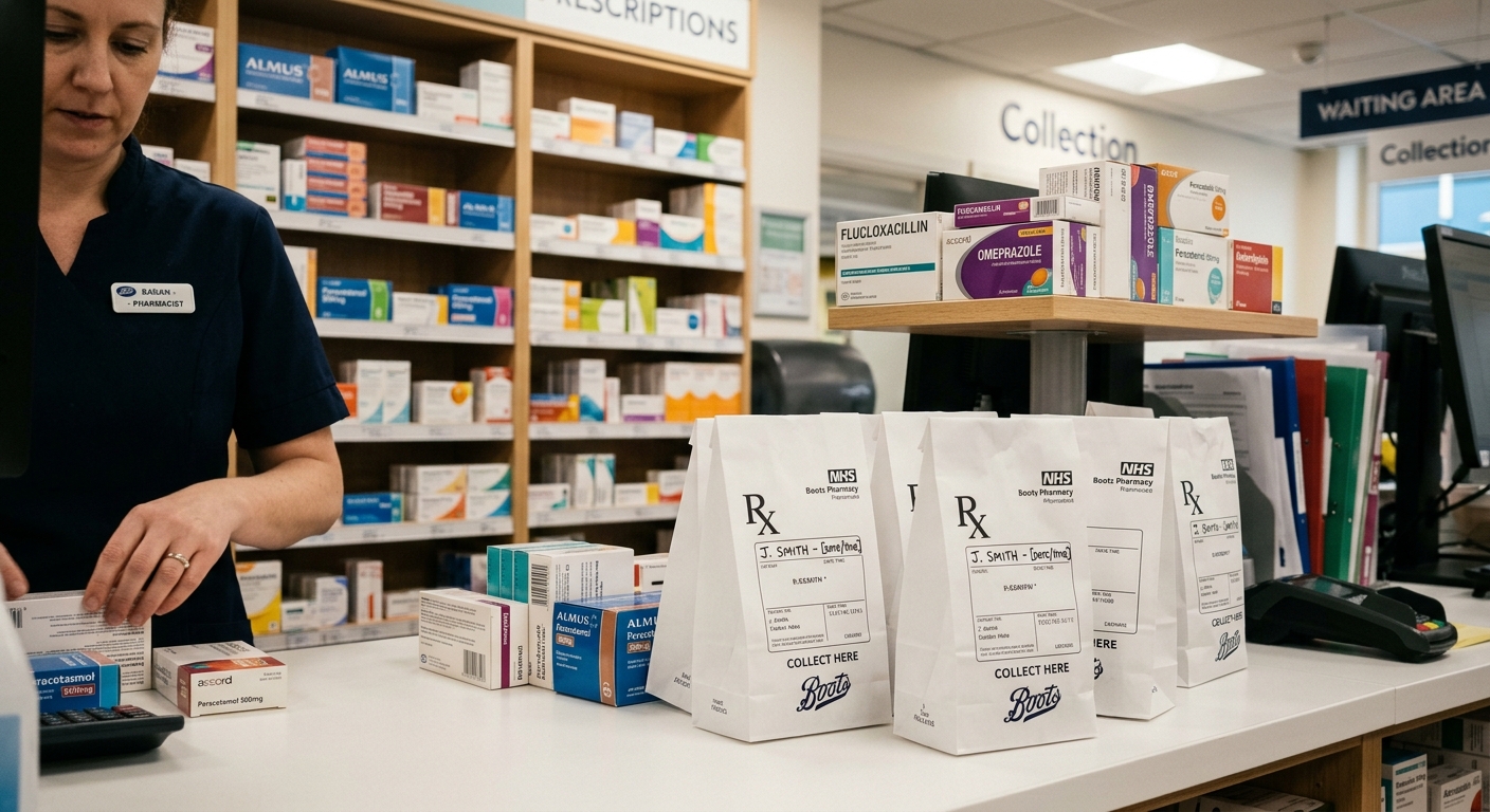 UK pharmacy counter with prescription bags illustrating NHS prescription charges