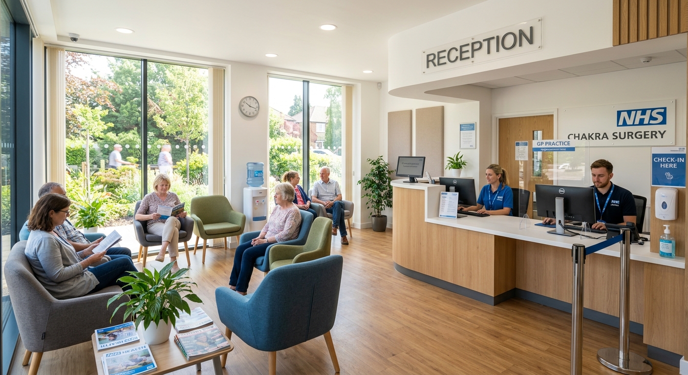 UK GP surgery reception and waiting area