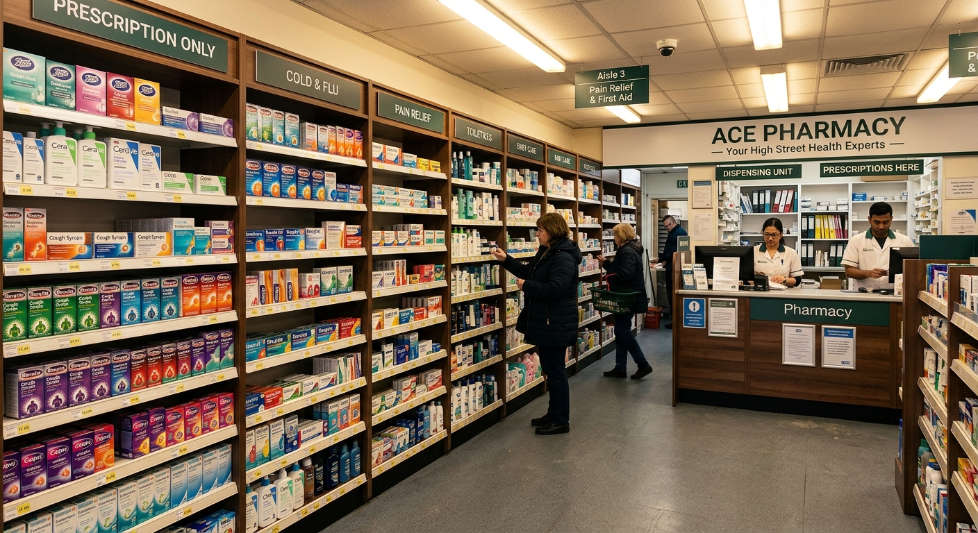 Interior of a UK pharmacy with medicine shelves