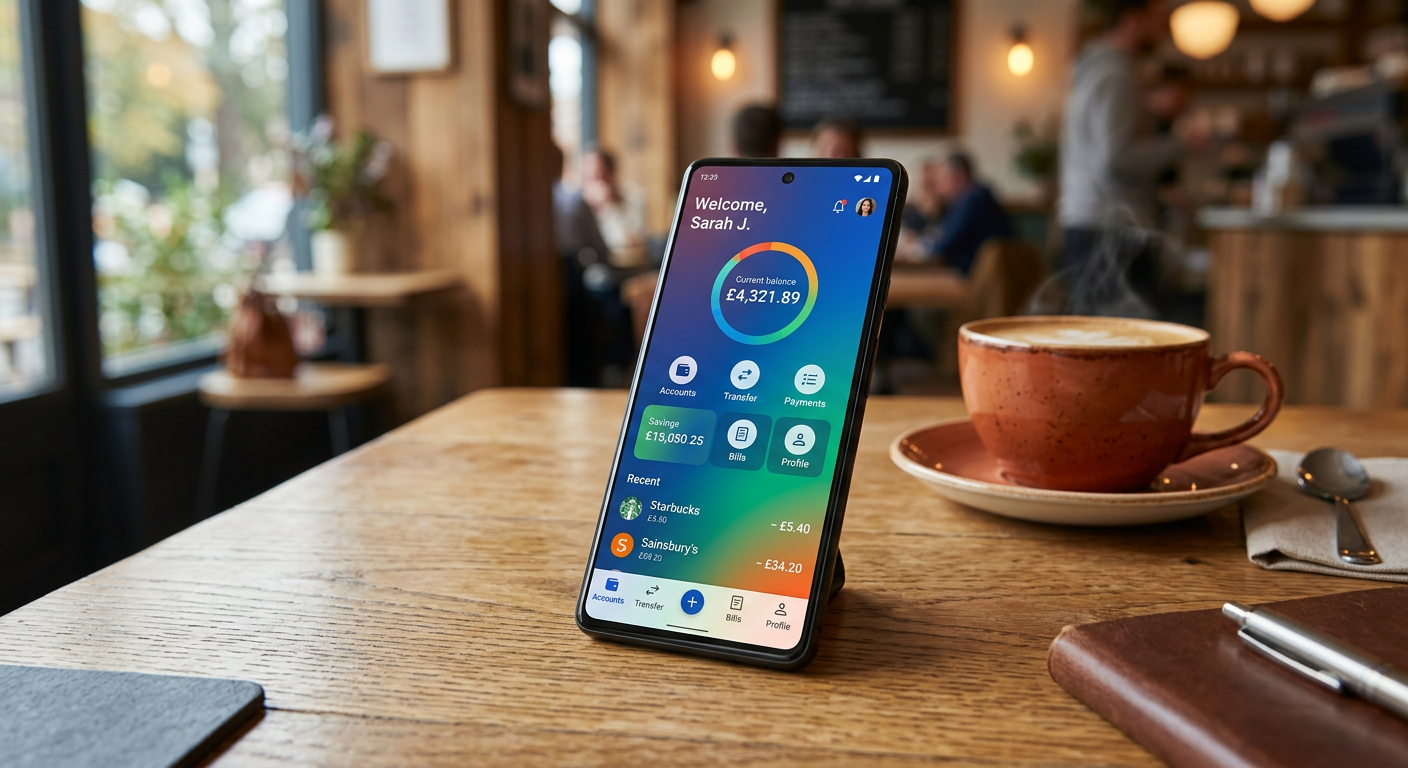 Mobile banking app on a smartphone in a café