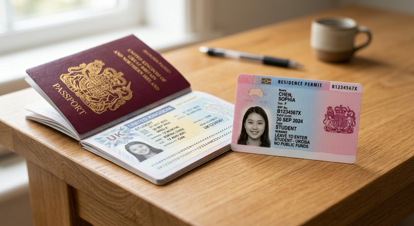 UK Student visa biometric residence permit and passport on a desk