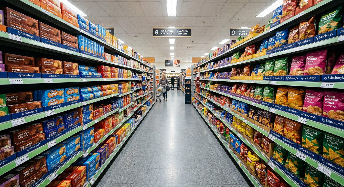 Interior of a budget UK supermarket showing own-brand products on shelves