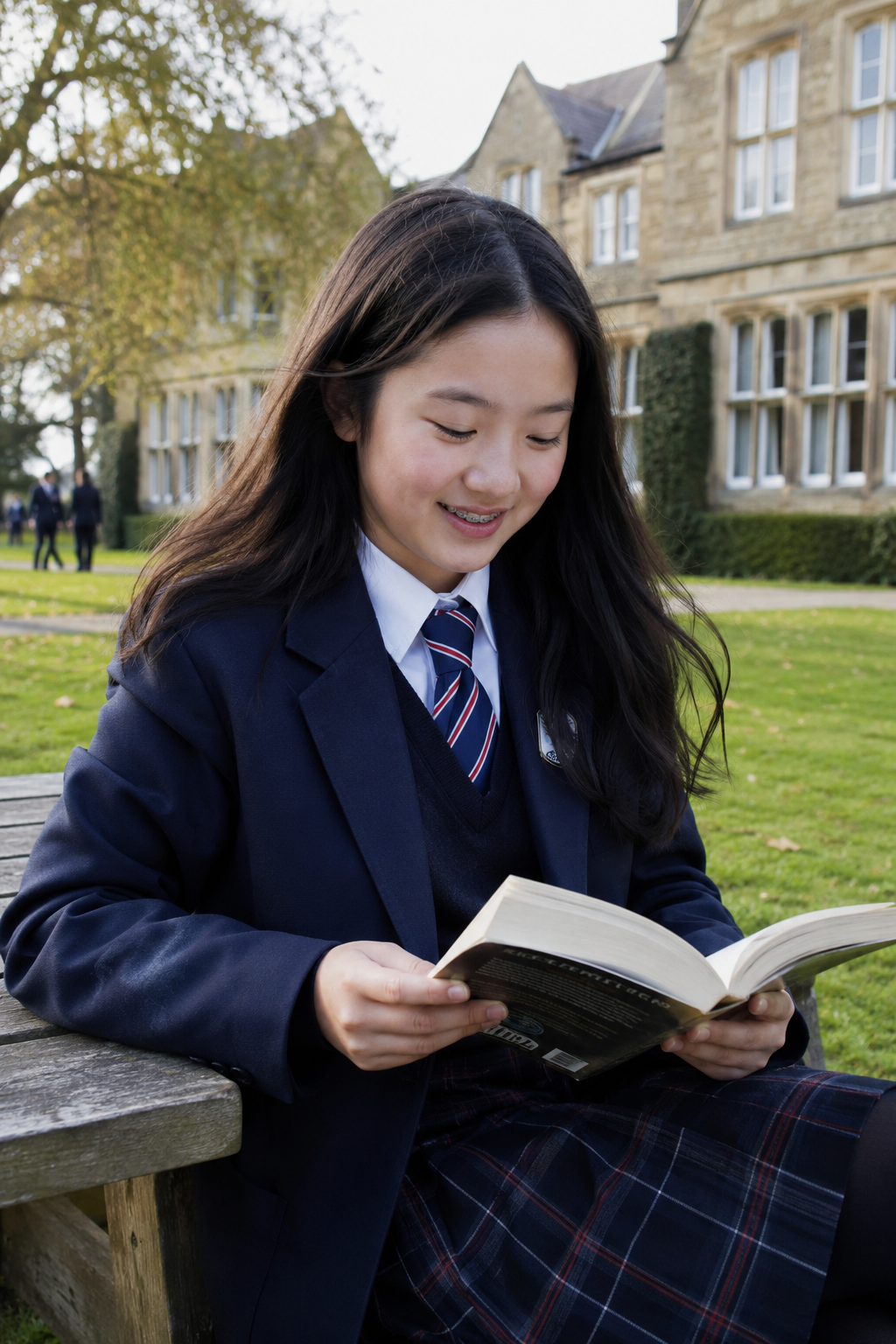 Secondary school girl reading on a UK school campus