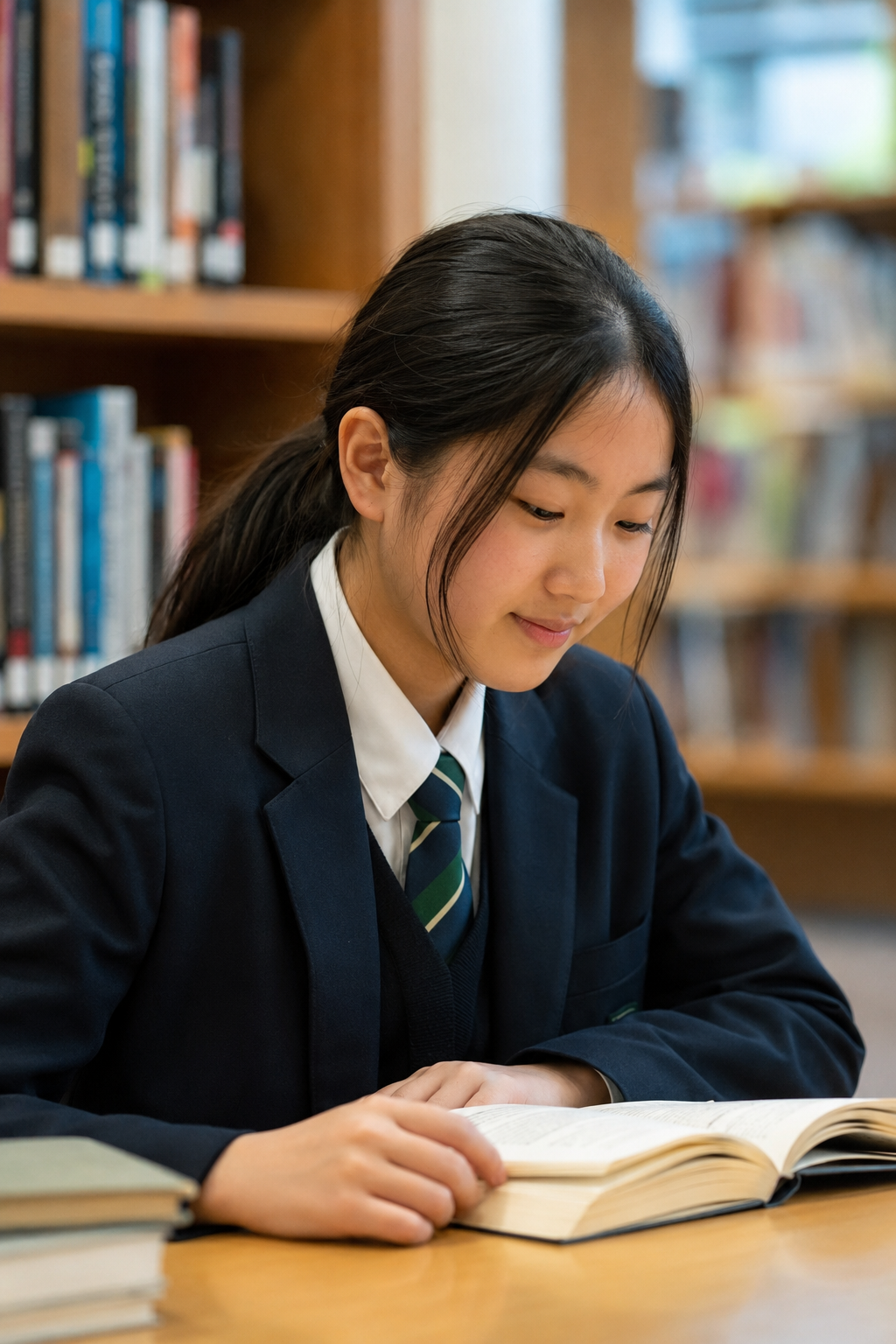 Lower secondary school student reading in a library