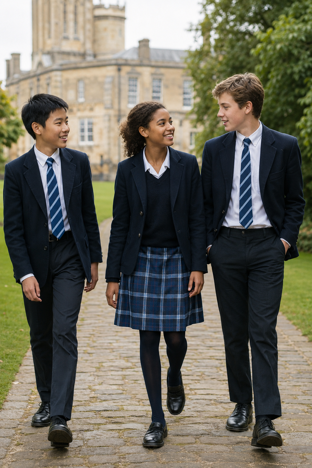 Boarding school students walking on a UK campus